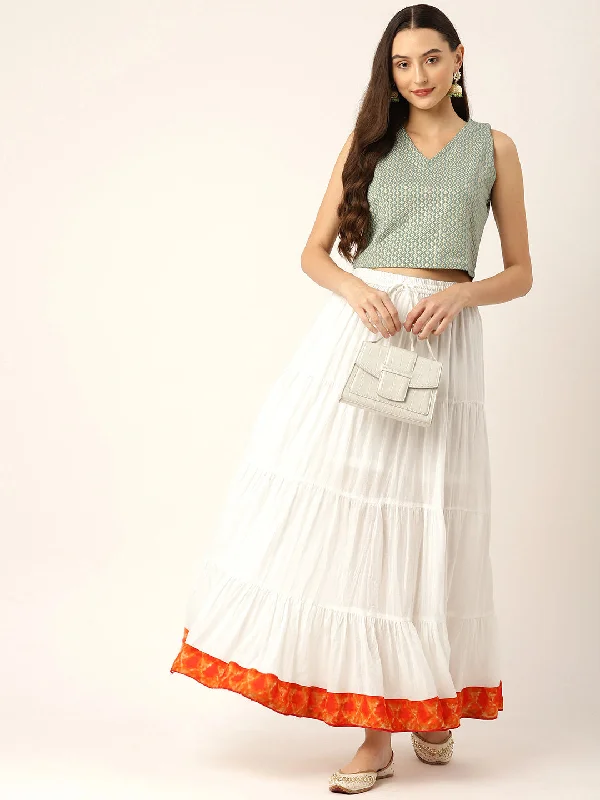 Bold skirts with vibrant tropical prints -Women White Solid Tiered Cotton Maxi Skirt