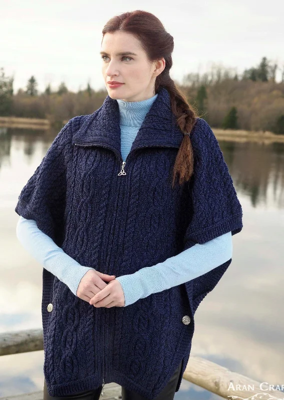 Hand - knitted cardigan for a handmade touch -Aran Crafts Funnel Neck Cardigan | Blue