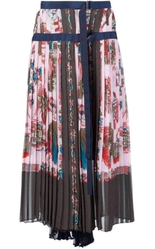 Affordable skirts with trendy slit details -Souvenir Scarf Print Pleated Skirt