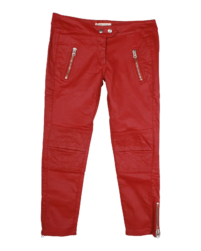 Vintage-inspired tight trousers for men with high waist and timeless look -Isabel Marant x H&M Waxed Biker Jeans in Red Cotton