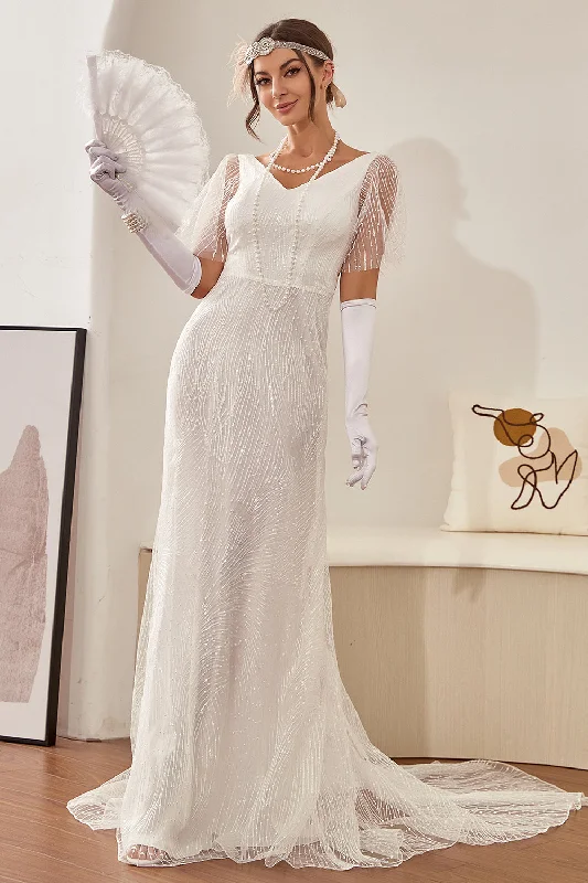 Midi Dresses for Versatile Wear -Mermaid White V-Neck Wedding Dress