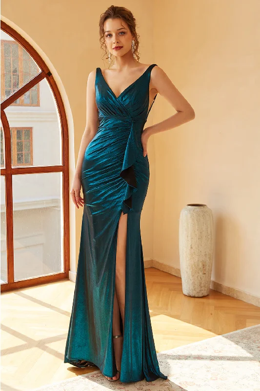 Maximalist Dresses for Bling -Peacock Blue Ruched Long Prom Dress