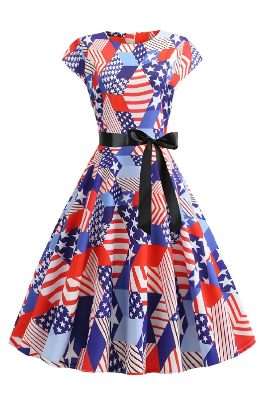 Sequined Dresses for Sparkle -American Flag Printed Retro Dress with Bowknot