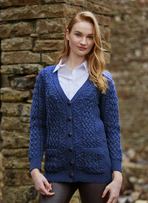 Women's cashmere cardigan for warmth -Adare Boyfriend Aran Cardigan | Blue