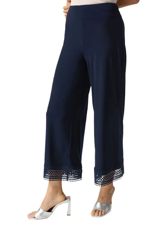 High-waisted tight trousers for women with tapered leg and vintage-inspired design -Ankle-Length Wide Leg Pant In Midnight Blue