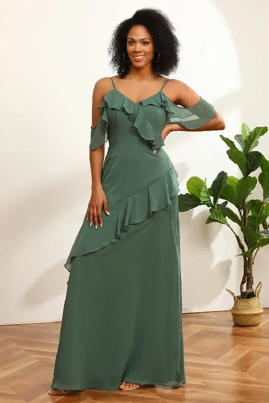 Fashionable Dresses for Style -Eucalyptus Spaghetti Straps Long Bridesmaid Dress with Ruffles