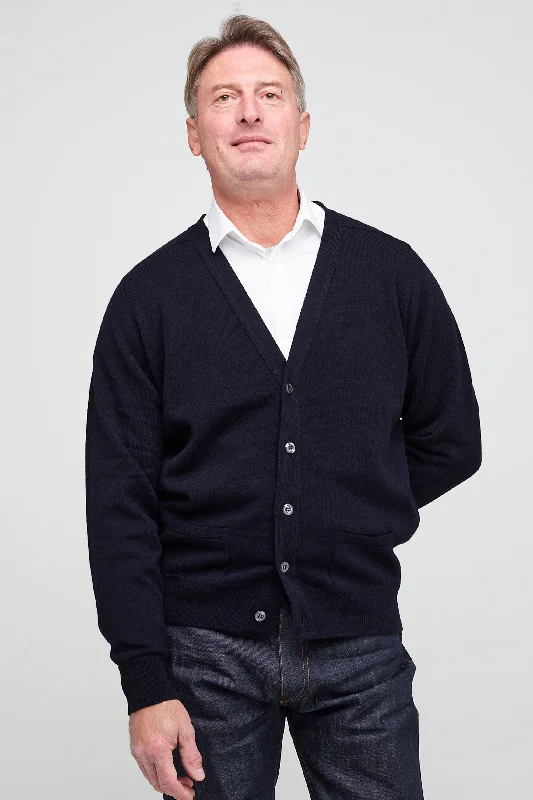 Office - appropriate cardigan for work -Men's Lambswool Cardigan - Navy