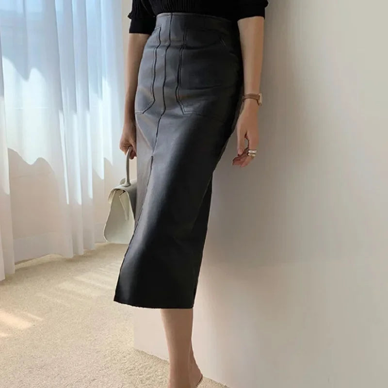 Classic black maxi skirts for versatility -Fall Winter Chic Split Design Slim Straight Faux Leather Skirt