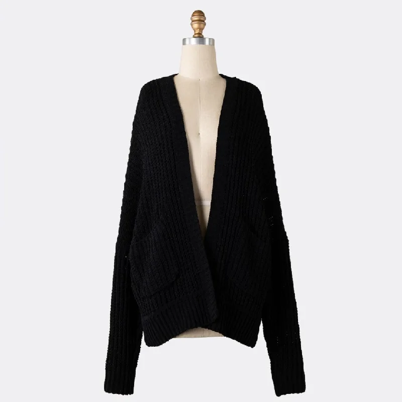 Floral cardigan for a feminine touch -Chenille Cable Knit Cardigan (Black)