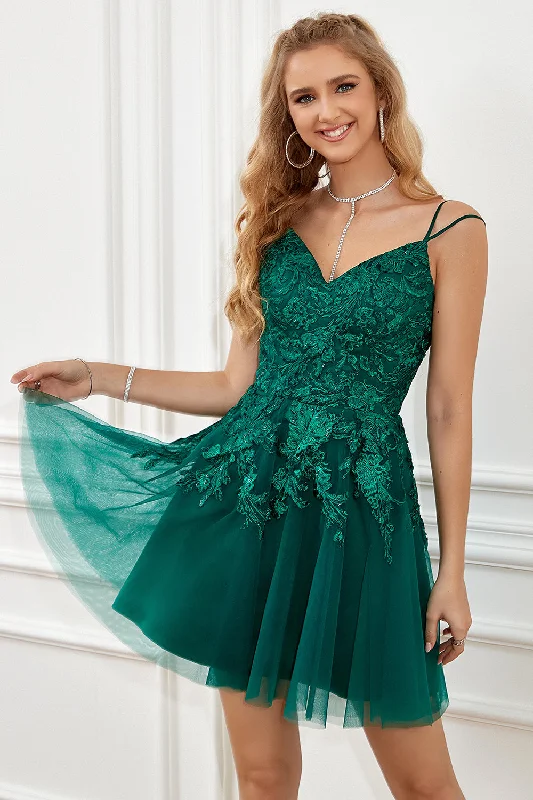 Rhinestone Dresses for Bling -Dark Green Lace-Up A-Line Homecoming Dress