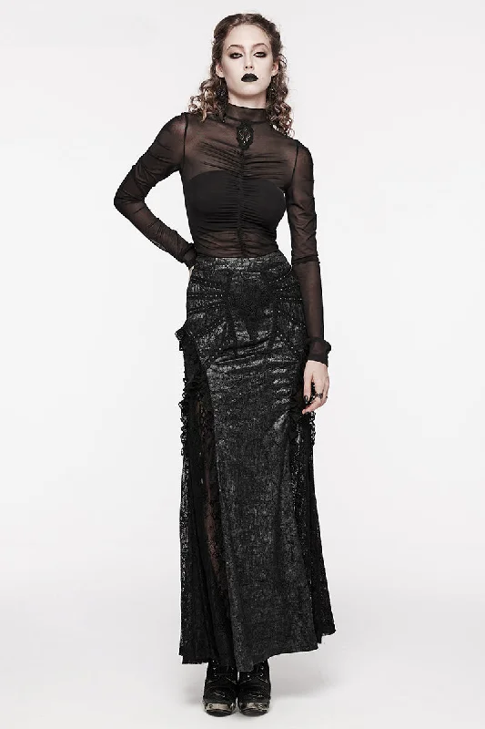 Trendy leather skirts for edgy modern looks -Women's Decoration Gorgeous Midi Lace Splicing Party Sexy Long Gothic Textured Club Skirt