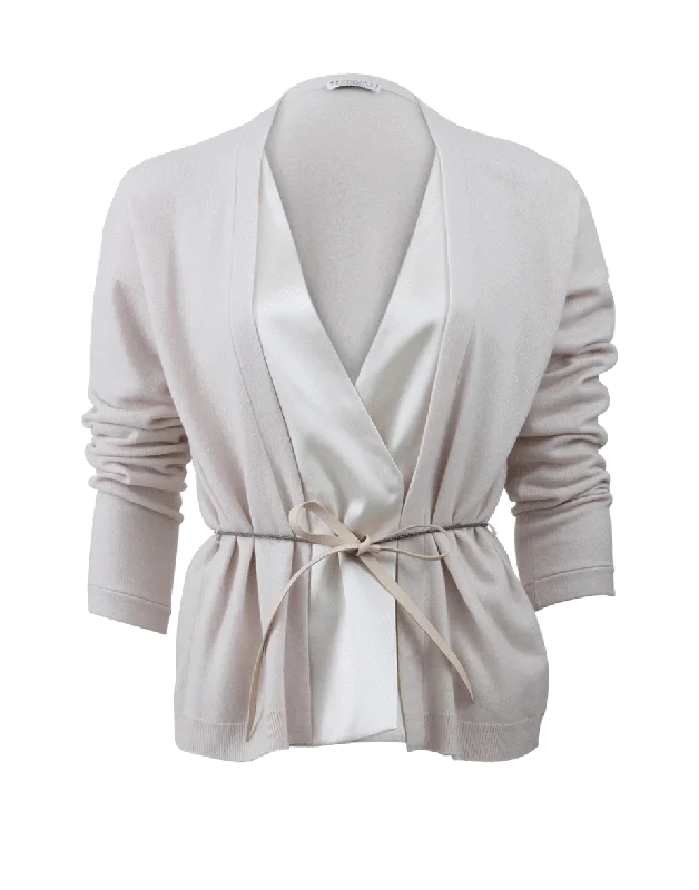 Maternity cardigan for expecting moms -Satin Belted Cashmere Cardigan