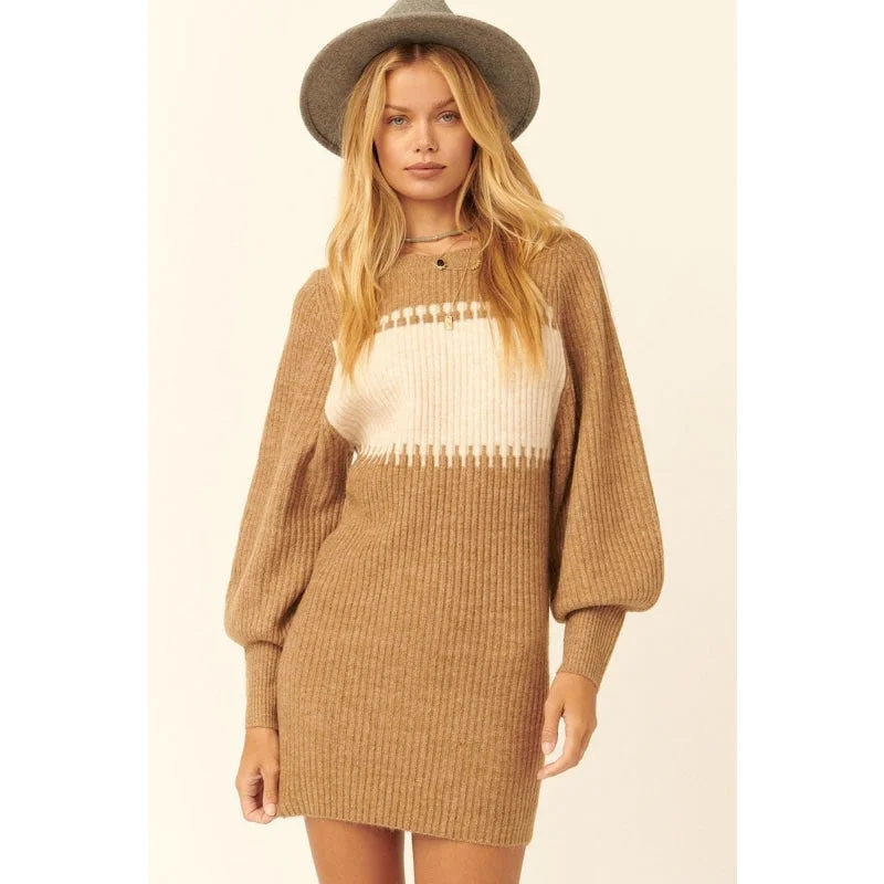 Belted Dresses for Shaping -Luxurious Fashion Women's Camel Knitted Ribbed Mini Sweater Dress