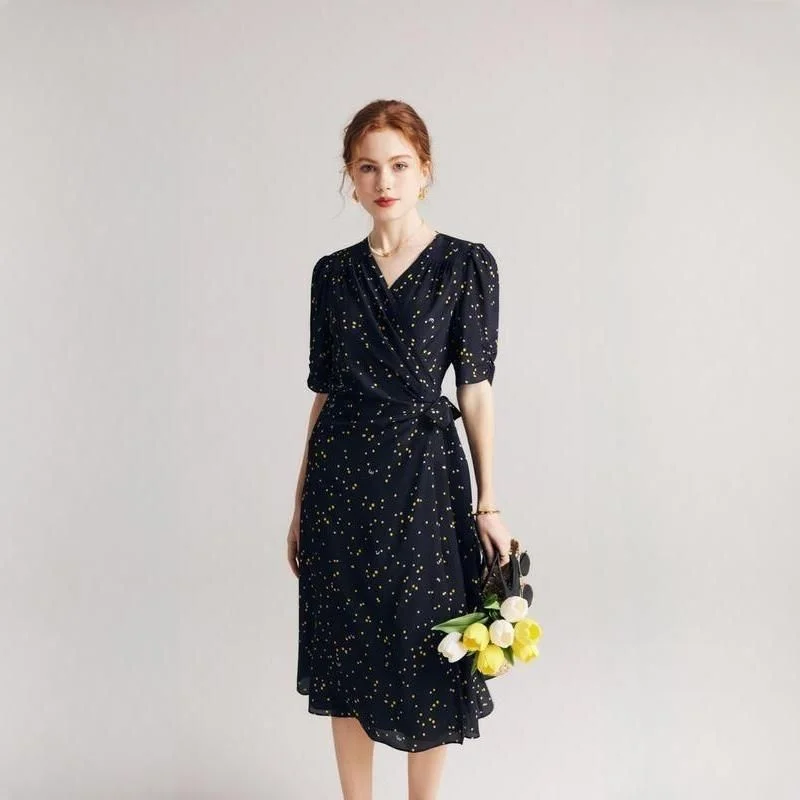 Office Dresses for Business -Black Polka Dot Silk Wrap Dress