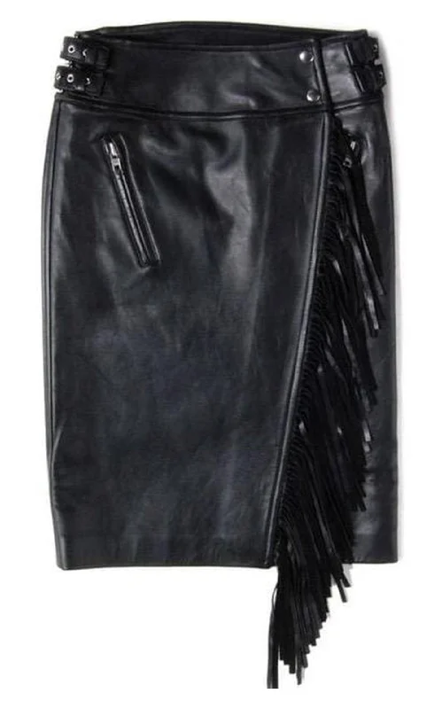 Soft skirts with plush cotton lining -Leather Fringe Moto Skirt