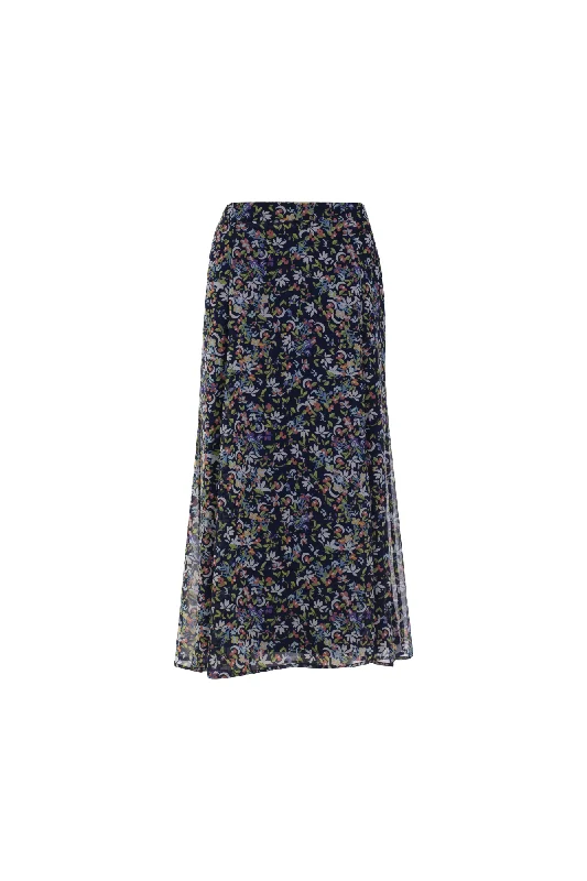 Stretchy skirts for all-day wear comfort -Printed Chiffon Skirt | Navy Multi Leaf | 7127AR