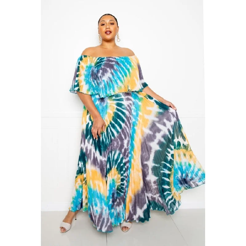 Sundress Dresses for Sunny -Women's Multicolor Blue Tie Dye Off Shoulder Pleated Maxi Dress