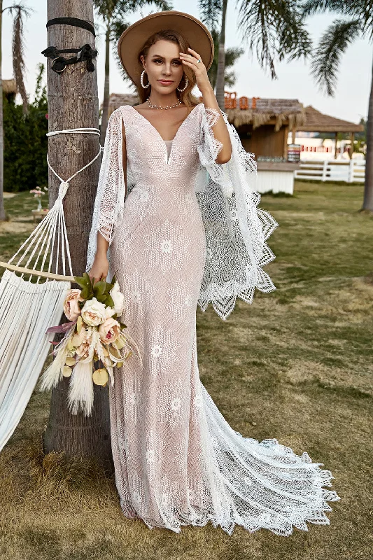 A-line Dresses for Flattering -Ivory and Champagne Lace Boho Wedding Dress With Cape