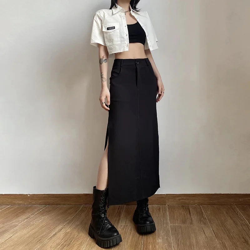 Classic black pencil skirts for office chic -Goth Cargo Y2k High Gothic Midi Black Sexy Split Grunge Waist Dark Streetwear Skirt