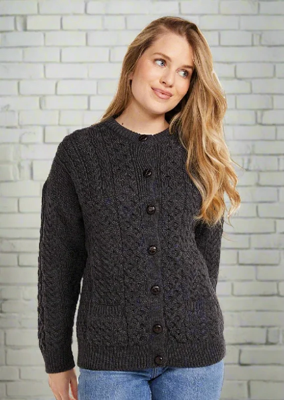 Beach - cardigan for a breezy cover - up -Achill Island Ladies Aran Cardigan | Charcoal