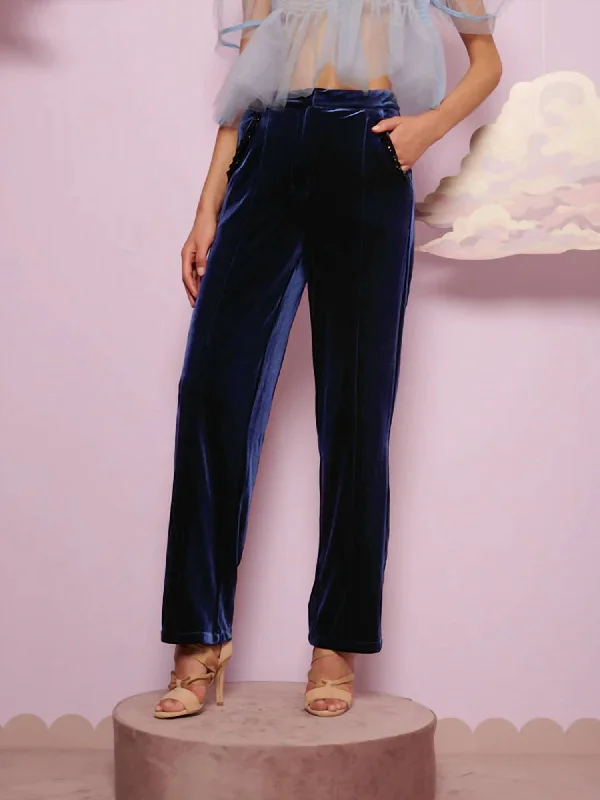 Vintage-inspired tight trousers for men with high waist and timeless look -Spell Velvet Trouser In Navy