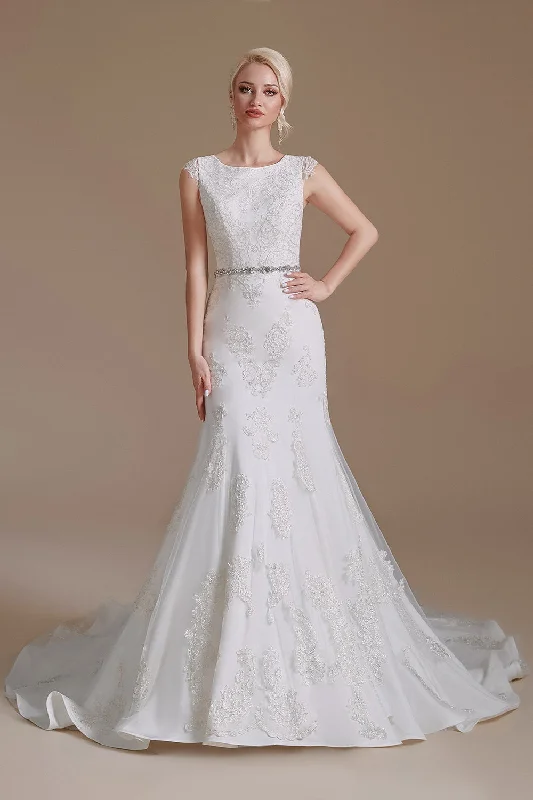 Solid Color Dresses for Simple -White Mermaid Cap Sleeves Bridal Dress with Lace