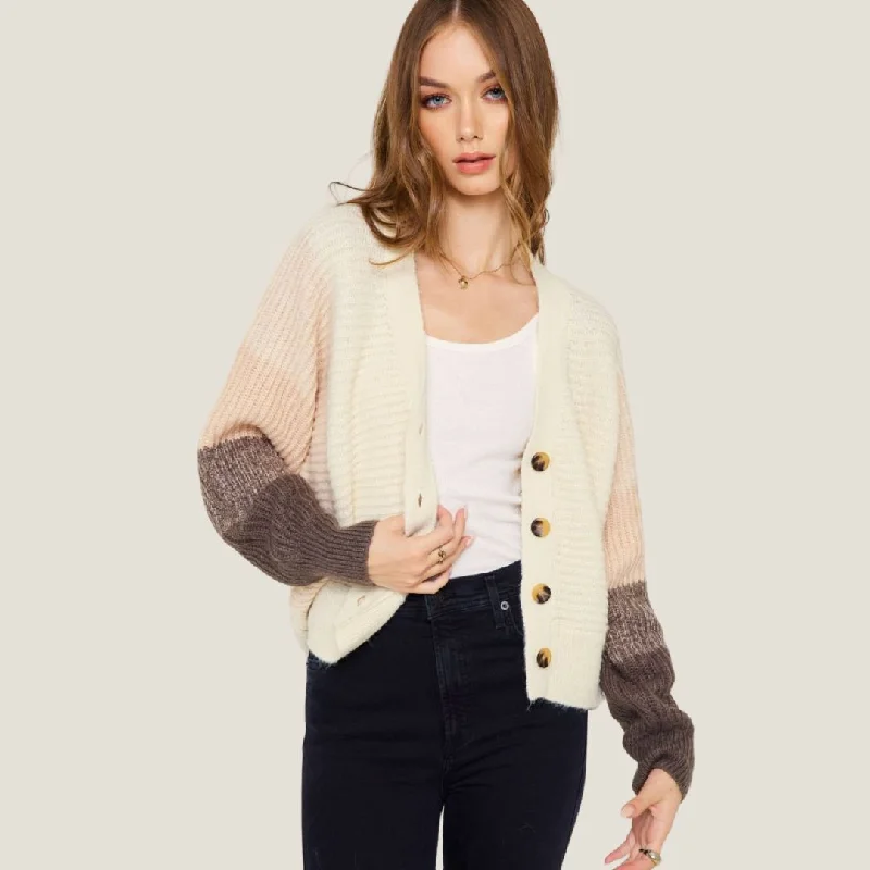 Long cardigan for tall women's fashion -Ombre Sleeve Cardigan (Cream Mauve Charcoal)