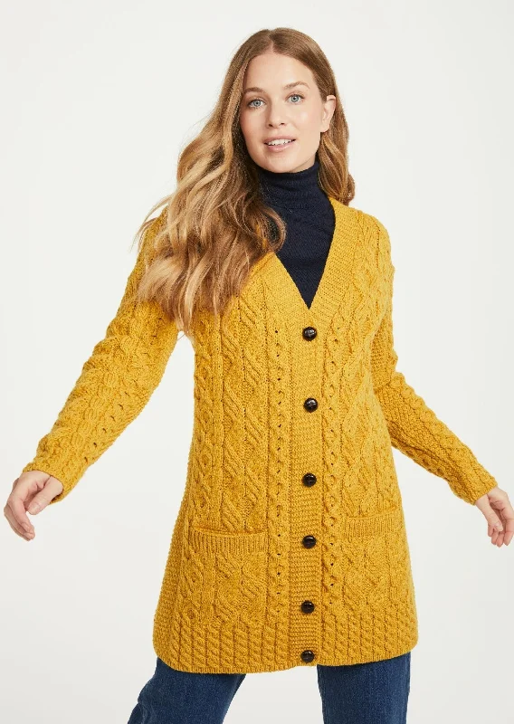 Chunky - knit cardigan for a textured look -Glebe Aran Long Line Cardigan | Sunflower