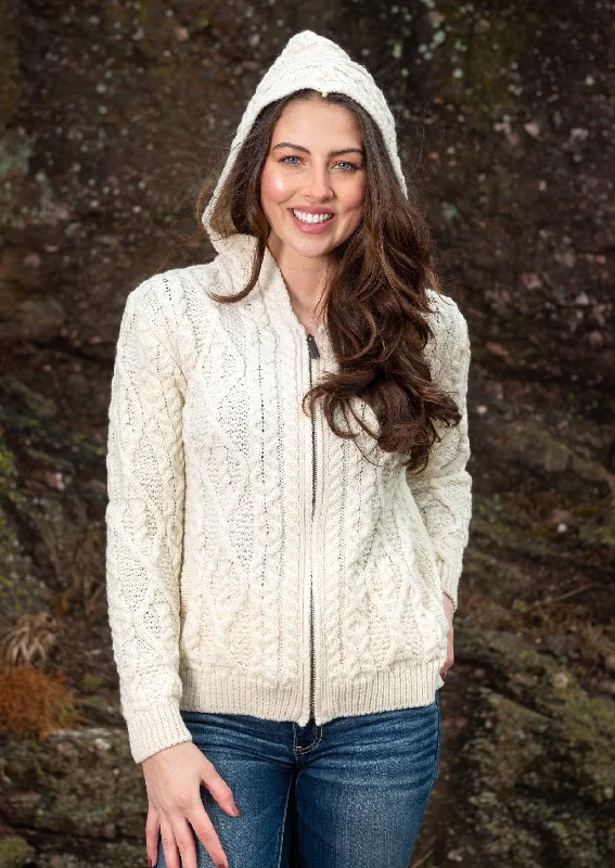 Solid - color cardigan for simple elegance -IrelandsEye Women's Aran Hooded Cardigan | Natural