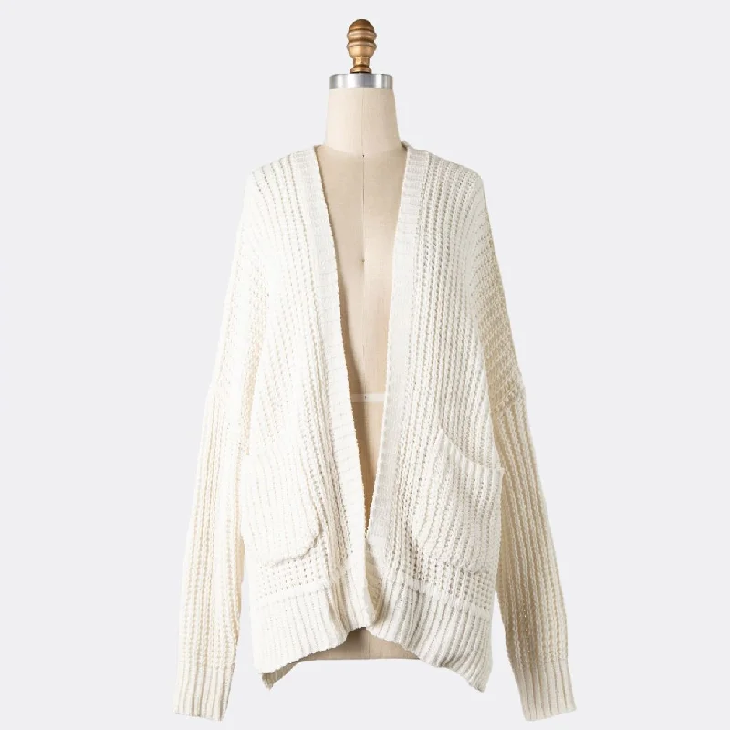 Women's cashmere cardigan for warmth -Chenille Cable Knit Cardigan (Ivory)