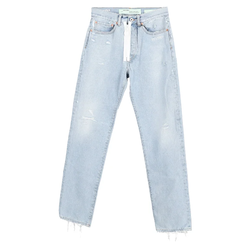 Fashion-forward tight trousers for women with metallic sheen and edgy design -Off-White c/o Virgil Abloh Mid-Waist Distressed Jeans in Light Blue Cotton