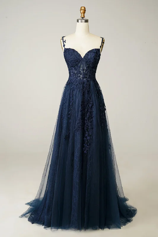 Hippie Dresses with Beads -A Line Spaghetti Straps Navy Prom Dress with Appliques