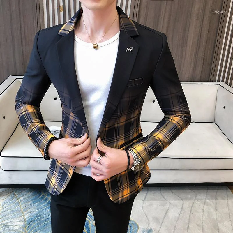 Modern Dresses for Trendy -Spring Casual Men's Plaid Slim Fit Trip Wedding Dress Blazer Suit Coat