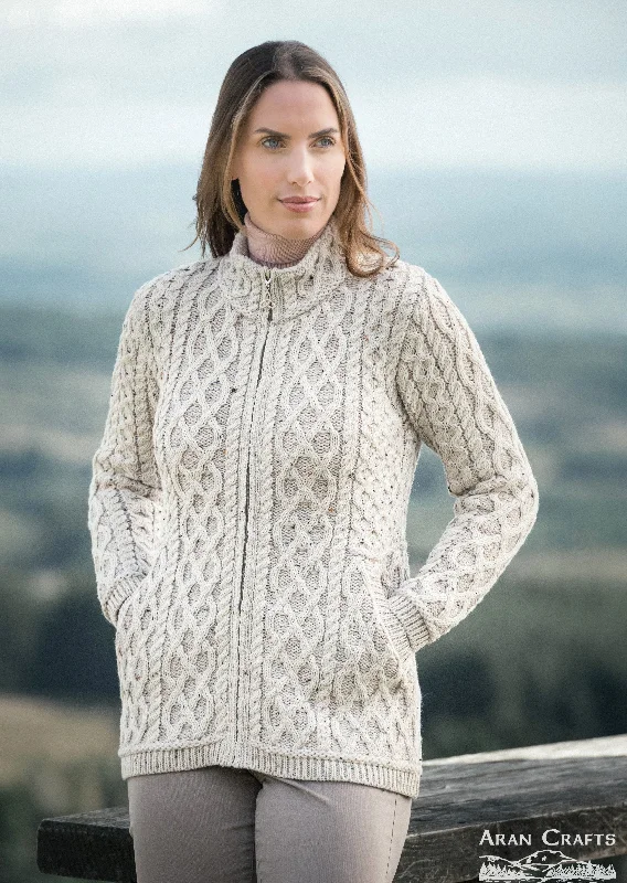 Brown - cardigan for an earthy and warm look -Aran Crafts Plated Zip Cardigan | Oatmeal