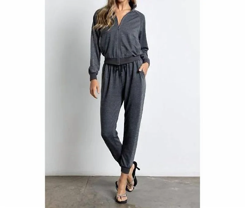 Tight trousers for women with decorative buttons and flattering silhouette for day wear -Rhinestone Embellished Jogging Set In Grey