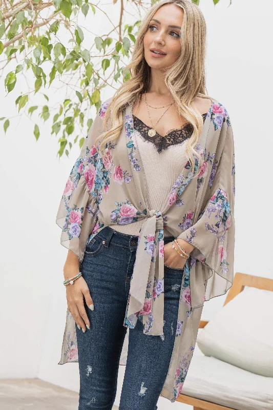 Wedding - guest cardigan for an elegant ensemble -Floral Print Kimono Cardigan (Grey)