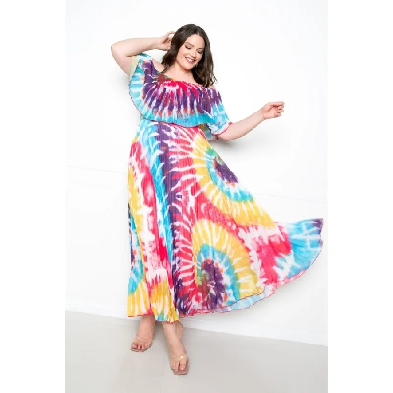 Beach Dresses for Coastal -Women's Multicolor Hot Pink Tie-Dye off Shoulder Pleated Maxi Dress