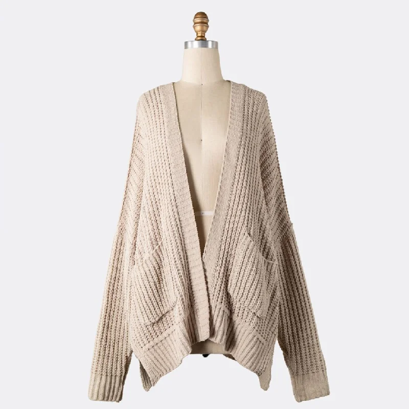 Solid - color cardigan for simple elegance -Chenille Cable Knit Cardigan (Brown)