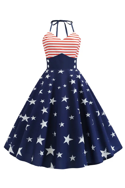 Rhinestone Dresses for Bling -Halter Wrap Striped Star Print Swing Dress