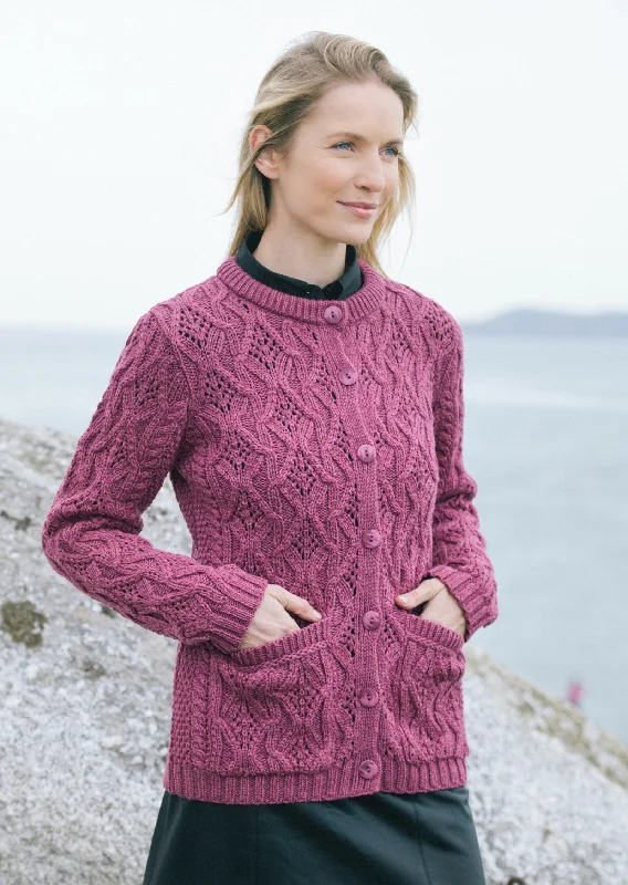 Ribbed - knit cardigan for a snug fit -Aran Lace Style Lumber Cardigan | Magenta