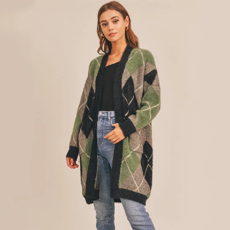 Valentine's - Day cardigan for a romantic look -Fuzzy Plaid Jacquard Cardigan (Green Multi)