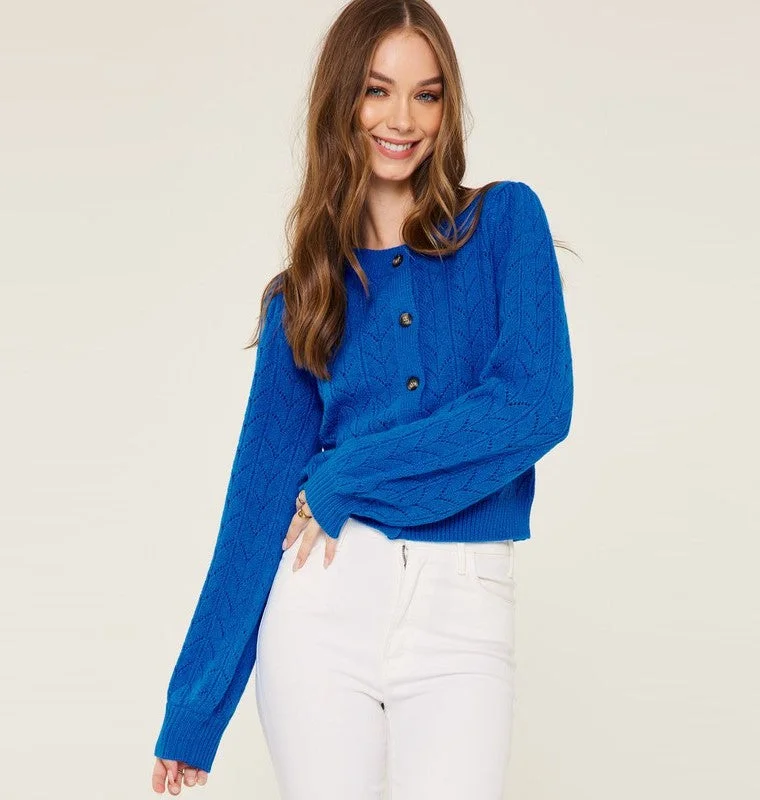 Black - cardigan for a versatile wardrobe staple -Pointelle Knit Cardigan (Brilliant Blue)