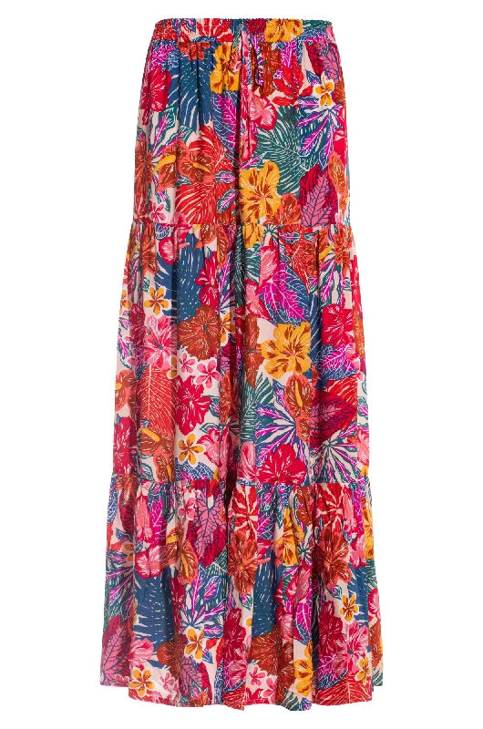 Patterned skirts with bold stripe accents -Maxi Skirt with drawcord waist | Multi Hibiscus | 3367AR