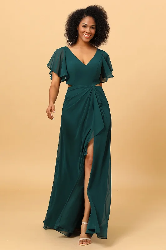 Valentine's Day Dresses for Romance -Dark Green V-Neck Long Chiffon Bridesmaid Dress with Ruffles