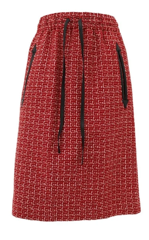 Soft skirts with plush cotton lining -Red Jacquard GG Drawstring Skirt