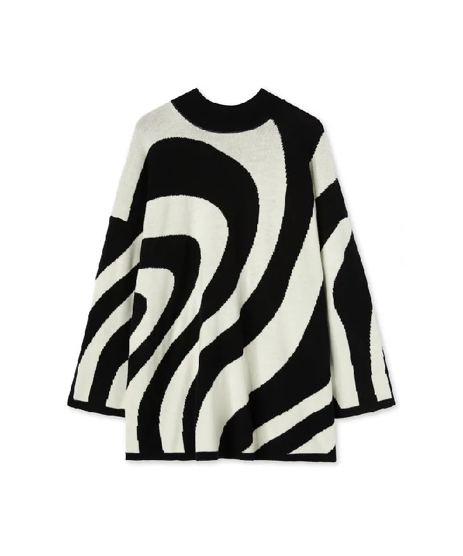 Tie-up Dresses for Decorative -Midi dress with "Illusion Waves" print in pure wool White / Black