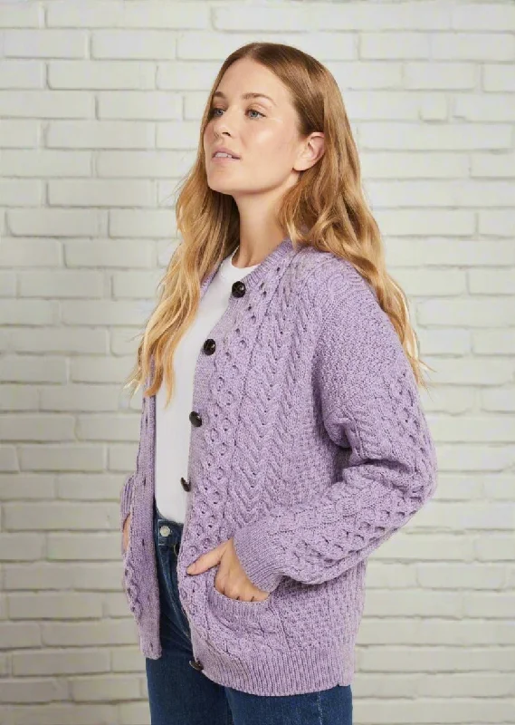 Garden - party cardigan for a charming look -Achill Island Ladies Aran Cardigan | Lavender