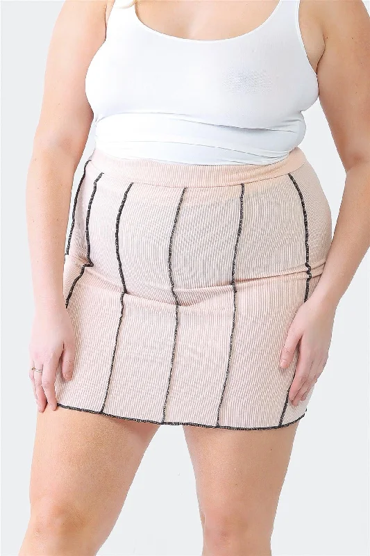 Vintage skirts with 70s-inspired designs -Pink Plus Size Ribbed Seam High Waist Mini Skirt