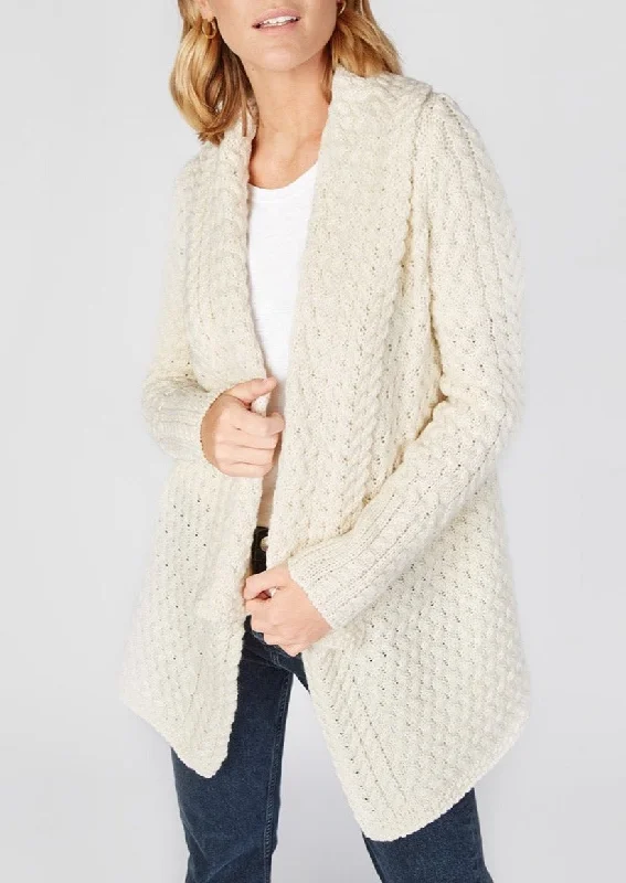 Button - front cardigan for easy wearing -IrelandsEye Women's Waterfall Aran Cardigan | Natural