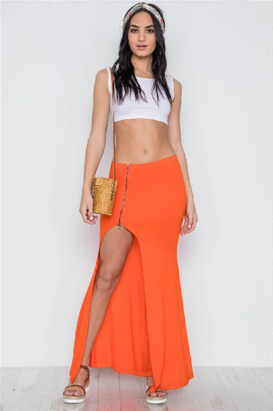 Durable cotton skirts for tough daily use -Orange Solid Zip-Front Side-Slit Maxi Skirt